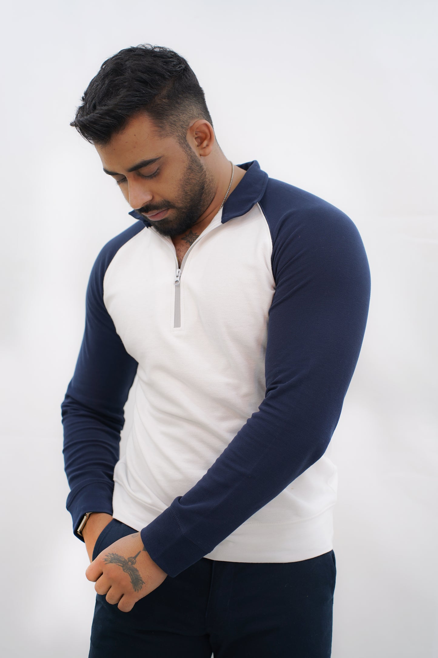 Men'S Long Sleave Polo Blue & white